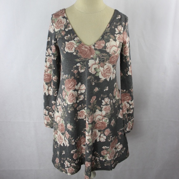 BCX Juniors Printed Lace-Back Dress Grey Floral M - Picture 2 of 3